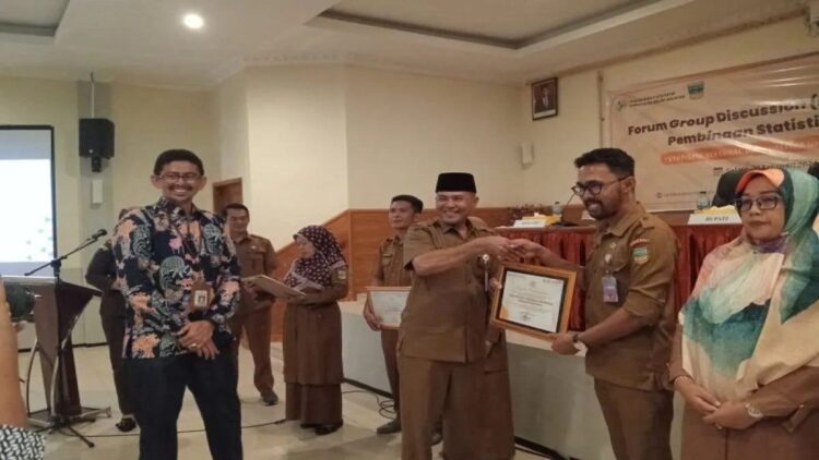 Bupati Solok Selatan Khairunas melalui staf ahli Bupati Novirman menyerahkan piagam penghargaan atas penyediaan data terbaik kepada OPD setempat, di Padang Aro, Selasa. Antara/Erik