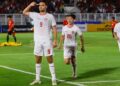 Selebrasi striker Timnas U-20 Jens Raven usai ciptakan gol ke gawang Timor Leste. (dok. istimewa)