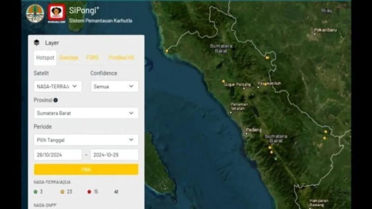 Citra satelit sebaran titik panas di Provinsi Sumatera Barat, Selasa (29/10/2024). (Antara/HO-Istimewa)