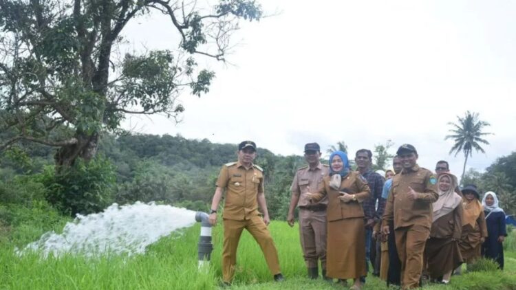Pj Wali Kota Sawahlunto Fauzan Hasan dan Kepala DKP3 Heni Purwaningsih beserta Kepala Desa Sijantang Koto meninjau irigasi perpipaan di lahan pertanian desa itu, Selasa. (Antarasumbar/Yudha Ahada)