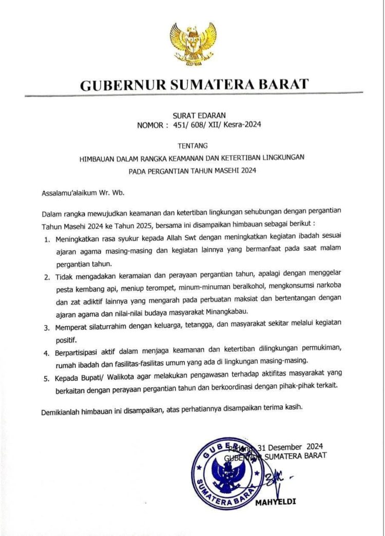 Surat edaran Gubernur Sumbar terkait pergantian tahun. (Foto: Dok. Ist)