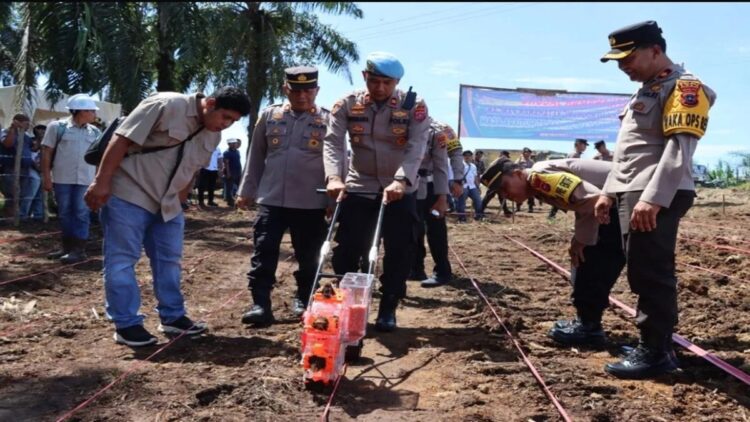 Pejabat Utama Polres Agam sedang melakukan penanaman jagung di lahan milik PT Mutiara Agam. Dok HO/Humas Polres Agam