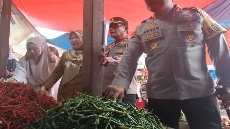Kepala Polres Pasaman Barat AKBP Agung Tribawanto memegang cabe saat memantau ketersediaan dan harga kebutuhan pokok jelang Idul Fitri 1446 Hijriah. ANTARA/Altas Maulana.