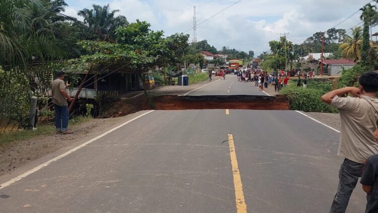 Jalinsum Jambi-Sumbar Putus Total, BPJN Targetkan Jembatan Bailey Terpasang Senin Sore 1 Ruas Jalan Lintas Sumatera (Jalinsum) Jambi-Sumbar, tepatnya di Dusun Sirih Sekapur, Kecamatan Jujuhan, Kabupaten Bungo, putus total, Minggu (2/3). Terlihat lubang menganga di badan jalan tersebut. (Foto: Ist)