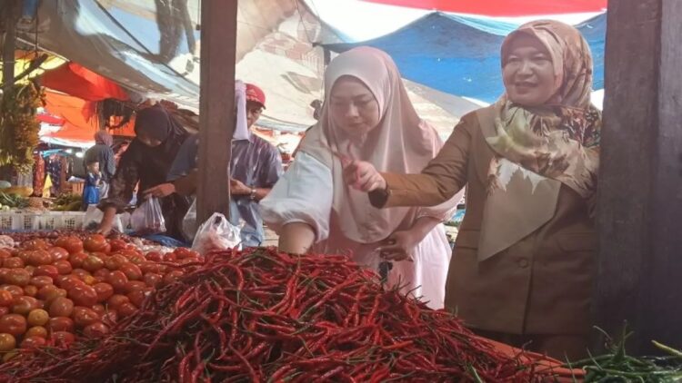 Kepala Dinas Ketahanan Pangan Pasaman Barat Ekadiana Oktavia saat meninjau ketersediaan pangan di Pasar Simpang Empat, Rabu (5/3/2025). ANTARA/Altas Maulana.