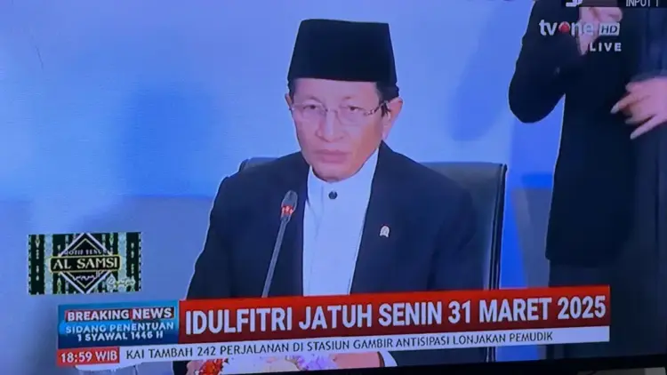 Menteri Agama, Nasaruddin Umar menyampaikan hasil sidang Isbat penentuan 1 Syawal 1446 H. (Foto: Dok. Tangkapan layar)