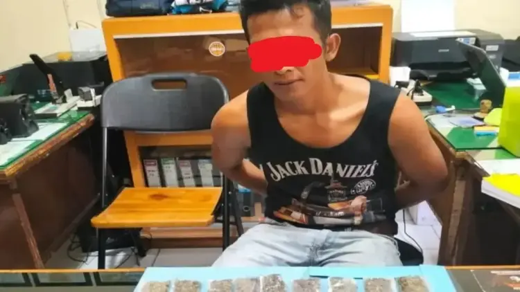 Edarkan Ganja di Solok Selatan, Pria Ini Ditangkap dengan 34 Paket Barang Bukti 1 Tersangka pengedar narkoba Y (34) beserta barang bukti ganja yang ditangkap oleh polres Solok Selatan di Jorong Gaduang Nagari Lubuk Gadang Timur Kecamatan Sangir, Senin. Antara/Erik