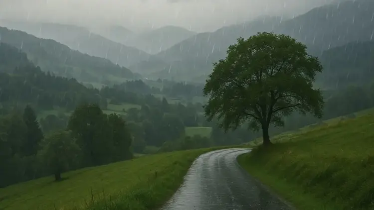 Prakiraan Cuaca Wilayah Sumatera Barat Hari Ini, Dominasi Berawan dan Hujan Ringan 1 ilustrasi hujan ringan di kawasan pegunungan. (dibuat dengan AI)