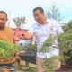 Mario Otomosi Zebua, Ketua Panitia Perayaan Hari Ulang Tahun Kota Gunungsitoli ke-347 Tahun 2025 menjelaskan beberapa detail terkait tanaman Bonsai kepada pengunjung Alun-Alun Kota Gunungsitoli, Sumatera Utara. (dok. Radarsumbar.com/Putra Tanhar)