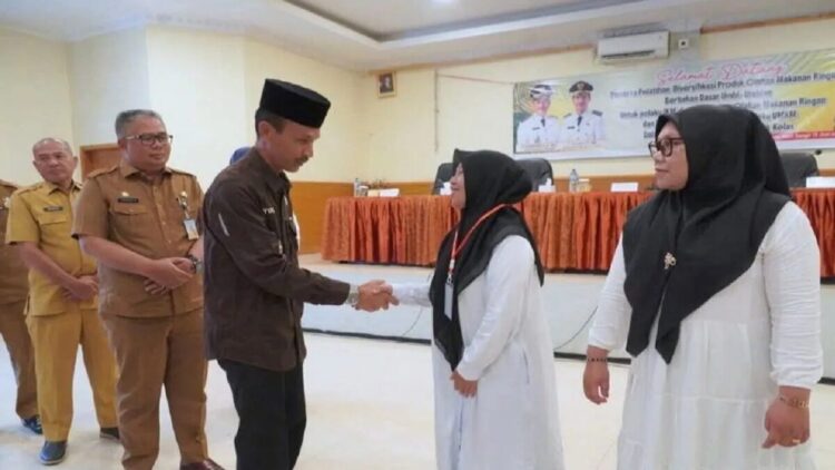 Wakil Bupati Solok Selatan Yulian Efi didampingi Sekretaris Daerah Syamsurizaldi dan Staf Ahli Bupati Novirman mengalungkan tanda peserta pelatihan serta menyemangati pelaku UMKM agar sungguh-sungguh mengikutinya. (Antara)
