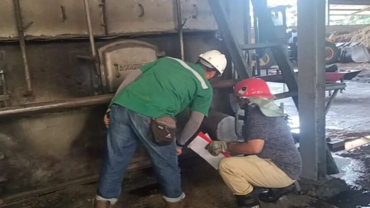 Pihak kepolisian dari Polsek Gunung Tuleh Polres Pasaman Barat saat memeriksa pabrik PT BSS yang mengalami kecelakaan kerja menyebabkan seorang pekerja mengalami luka bakar pada Selasa (16/6/2024). ANTARA/HO-Polsek Gunung Tuleh.