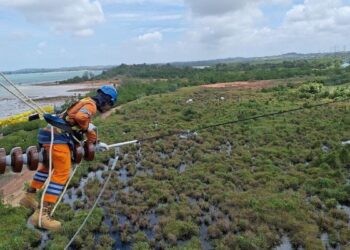 Petugas PLN tengah melakukan pemeliharaan jaringan transmisi Saluran Udara Tegangan Tinggi (SUTT) 150 kiloVolt (kV) sebagai bagian dari upaya memastikan keandalan pasokan listrik secara nasional. (dok. Humas PLN)
