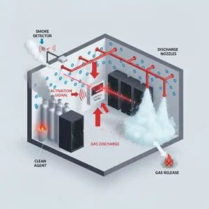 Proses aktivasi otomatis fire suppression system memadamkan kebakaran
