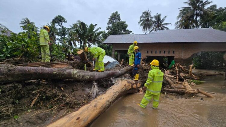 Kementerian ESDM Targetkan Listrik Menyala di Wilayah Bencana Pekan Ini 1 Tim PLN sedang membersihkan material akibat banjir bandang. (Ist)