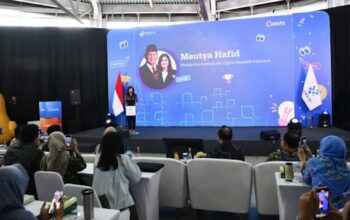 Menkomdigi Meutya Hafid menyampaikan sambutan dalam acara MoU Signing And Training Canva x Komdigi di Garuda Spark Innovation Hub Jakarta di FX Sudirman, Jakarta Pusat, Jumat (06/02/2026). (Foto: Ardi W/Komdigi)