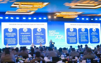 Menkomdigi Meutya Hafid menjadi pembicara dalam Rapat Pimpinan Polri 2026 di Taman Mini Indonesia Indah (TMII), Jakarta Timur, Rabu (11/02/2026). (Foto: Pey HS/Komdigi)