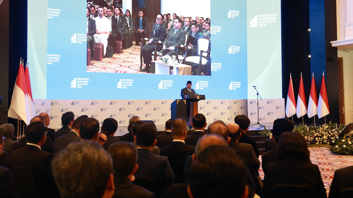 Presiden Prabowo berbicara di Indonesia Economic Outlook 2026. (dok. Bakom RI)