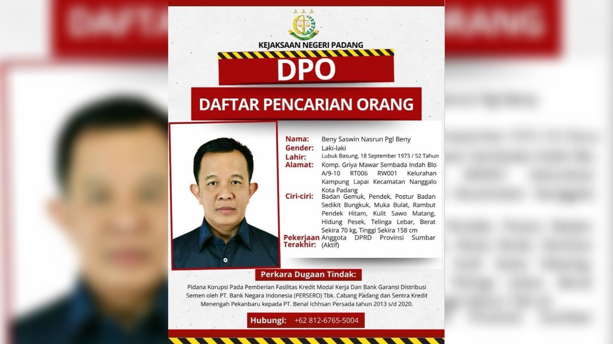 Oknum anggota DPRD Sumbar yang menjadi DPO Kejari Padang. (dok. Kejari Padang)